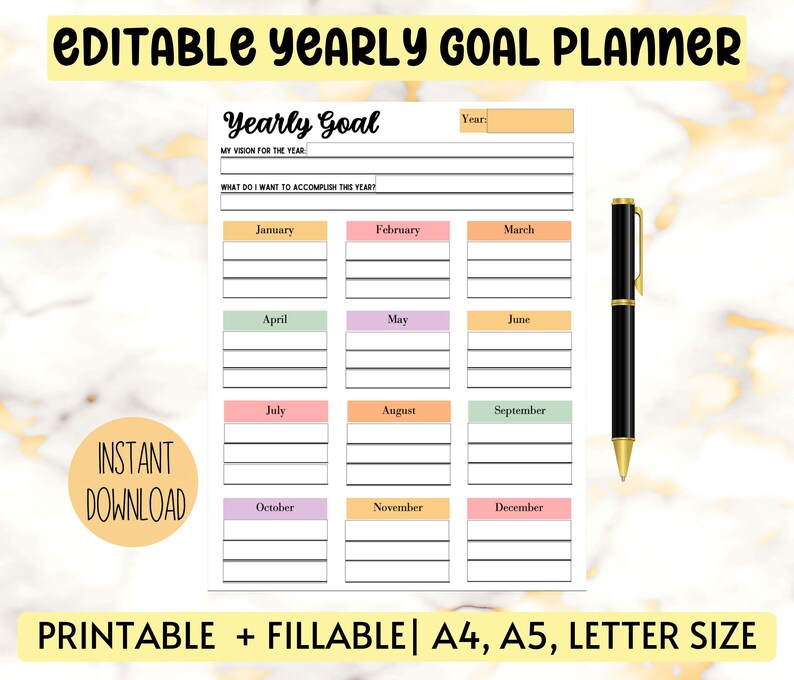 Yearly Goal Planner Printable, Yearly Productivity Planner, Goal ...