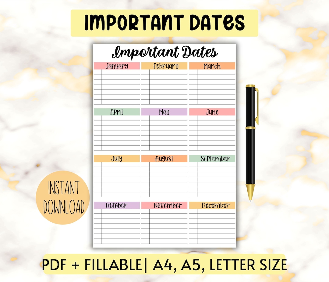 Important Dates Tracker, Fillable Important Dates List,editable ...