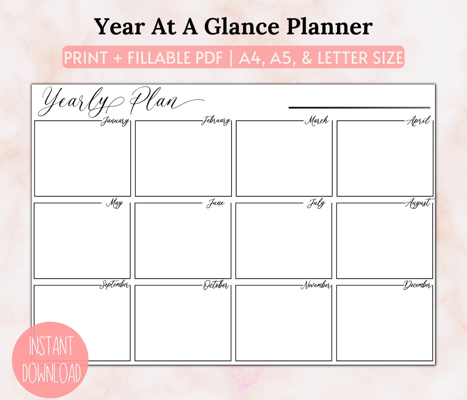 Year at A Glance Planner Printable, Yearly Plan Template, Productivity ...
