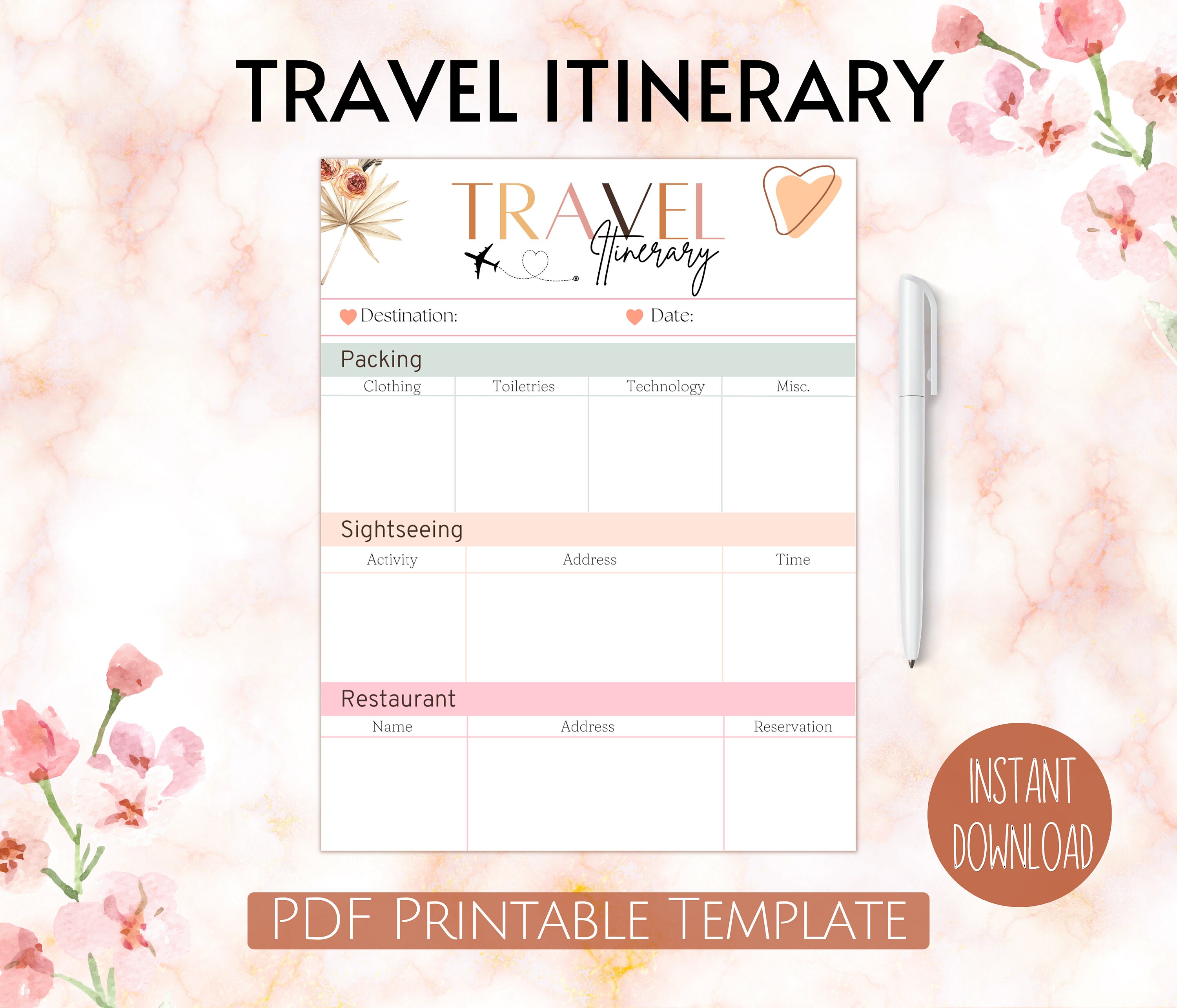 Travel Itinerary Template, Travel Template, Minimalist Travel Planner ...