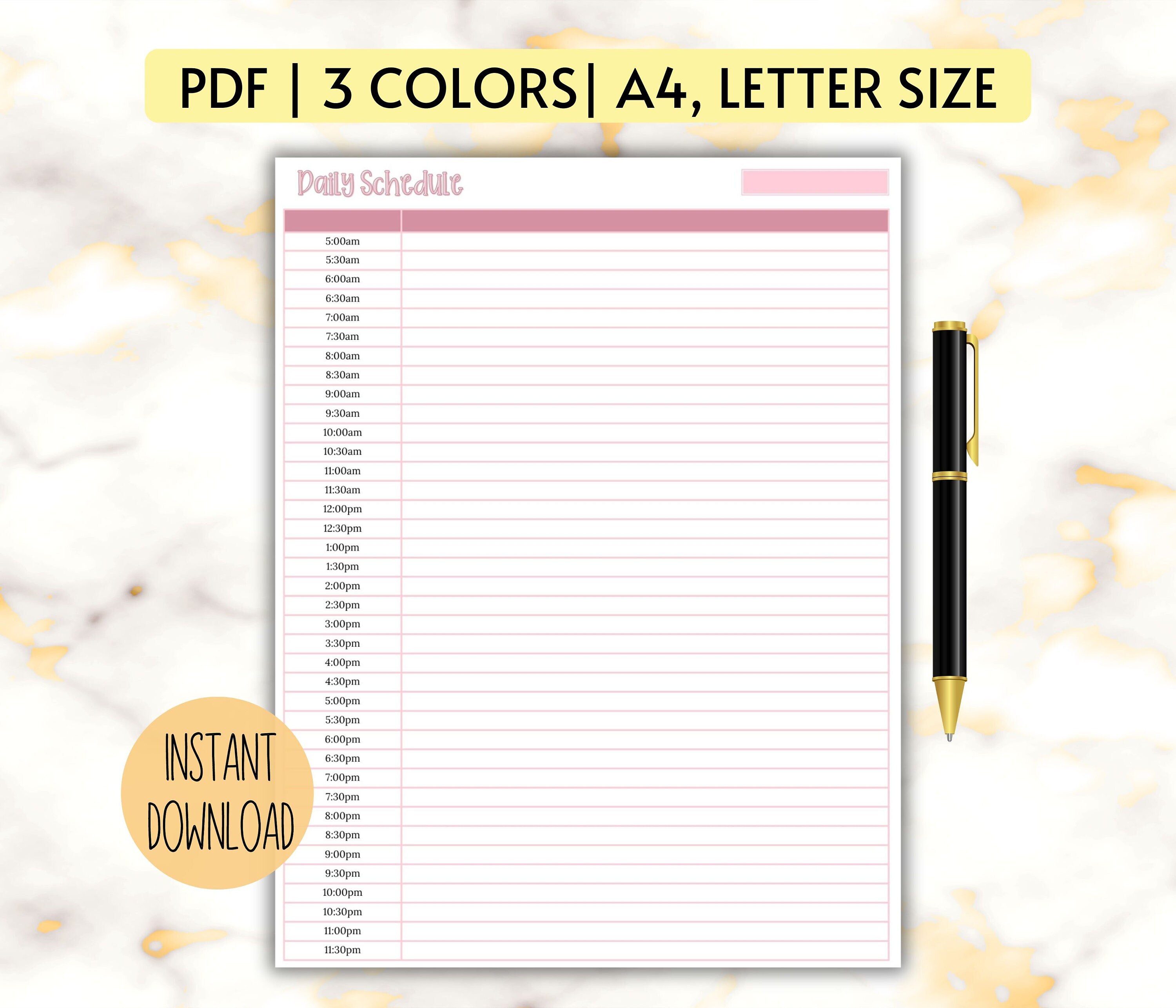 Half Hour Daily Printable, Daily Template, Productivity Planner, Hourly ...
