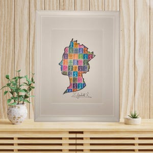 40x30cm Quadro Regina Elisabetta II su Veri Francobolli Inglesi - CORNICE INCLUSA - Stamp Art - Decorazione della parete Vintage