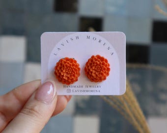 Belle | Handmade Marigold Polymer Clay Stud Earrings | Día de los Muertos Flower Jewelry Lightweight Hypoallergenic