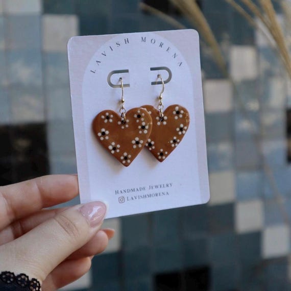 Corazon | Handmade Terracotta Heart Polymer Clay Dangle Earrings | Mexican Folk Art Jewelry Lightweight Hypoallergenic