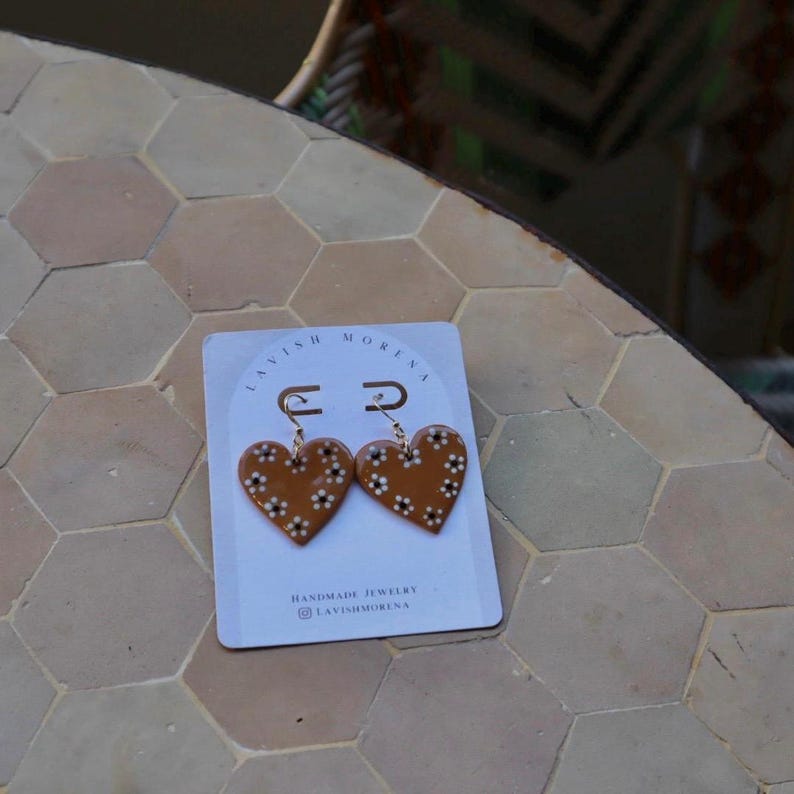 Corazon | Handmade Terracotta Heart Polymer Clay Dangle Earrings | Mexican Folk Art Jewelry Lightweight Hypoallergenic image 2