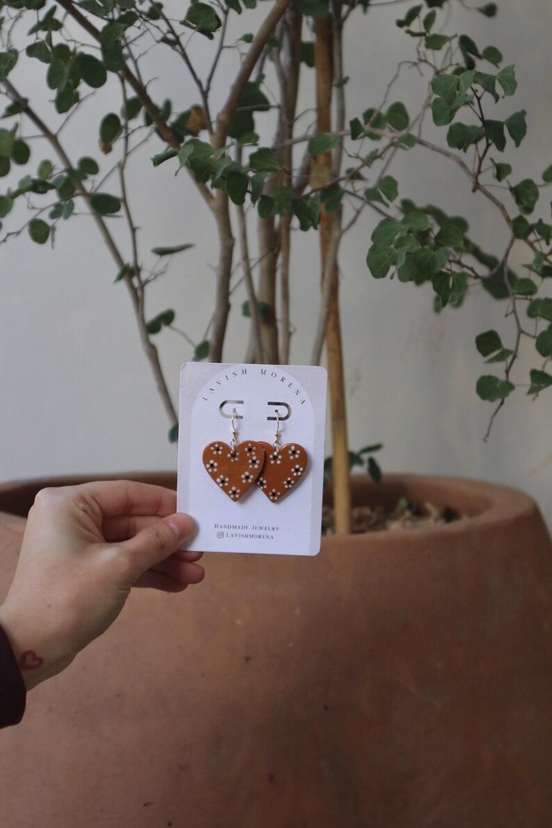 Corazon | Handmade Terracotta Heart Polymer Clay Dangle Earrings | Mexican Folk Art Jewelry Lightweight Hypoallergenic image 3