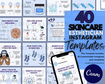 40 Esthetician Instagram Post Templates: Customizable Skincare (Canva)