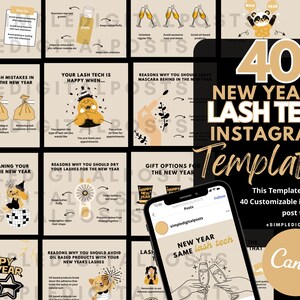 May include: A digital product featuring 40 customizable Instagram post templates for lash technicians. The design includes illustrations, text, and a smartphone displaying a sample post. The theme is New Year's and lash care.