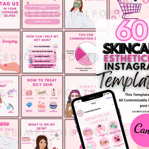 60 ESTHETICIAN INSTAGRAM POSTS | Skincare Instagram Templates | Skincare Business | Skincare | Skin | Esthetician | Skin Instagram Posts |