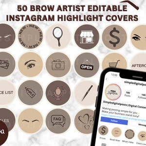 Brow Artist Instagram Highlight Covers: 50 Editable Icons (Canva)