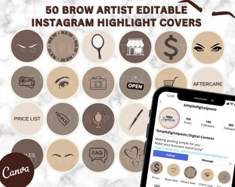 Brow Artist Instagram Highlight Covers: 50 Editable Icons (Canva)