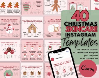 Christmas Skincare Instagram Post Templates for Estheticians (Canva, 40 Posts)