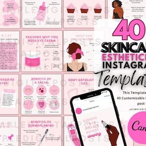 Pink Esthetician Instagram Post Templates: Skincare Social Media (Canva Editable, Digital Download)