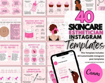Pink Esthetician Instagram Post Templates: Skincare Social Media (Canva Editable, Digital Download)