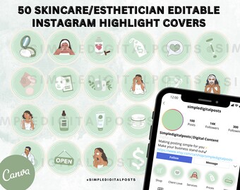 50 Esthetician Instagram Highlight Covers: Skincare Business (Editable Canva)