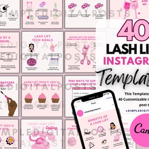 Peut inclure: Un modèle de conception graphique rose et noir pour Instagram avec 40 modèles personnalisables pour les entreprises de rehaussement des cils. Le texte "40 Lash Lift Instagram Templates" est en gras noir avec un contour rose. Le texte "This Template Includes: 40 Customizable Instagram post templates #SIMPLE DIGITALPOSTS" est en noir. L'image comprend également une illustration rose et noire d'un outil de rehaussement des cils.