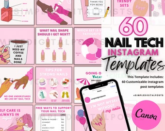 Publicaciones de Instagram sobre tecnología de uñas: 60 plantillas de Canva (descarga digital)