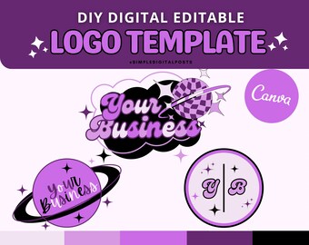 Purple Planet Logo Template: Editable Retro Design (Canva DIY)(Digital Download