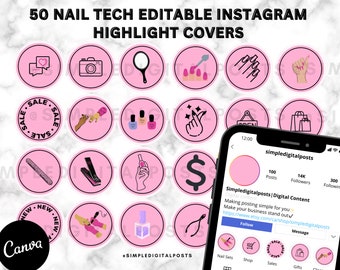 Pink Nail Tech Instagram Highlight Covers: 50 Editable Icons (Digital Download)