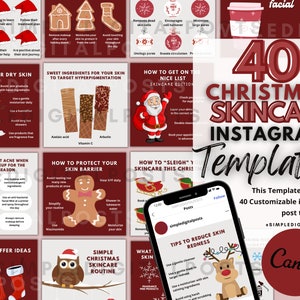 May include: A collection of 40 customisable Instagram templates for Christmas skincare. The templates feature a red and white colour scheme with illustrations of Santa Claus, a snowman, a gingerbread man, and a reindeer. The text "40 Christmas Skincare Instagram Templates" is displayed in a large, bold font.