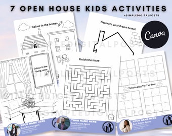 Puede incluir: Siete hojas de actividades imprimibles en blanco y negro para niños con una casa, un laberinto, tres en raya y un espacio en blanco para decorar. El texto en las hojas dice "Colorear las casas", "Colorear la sala de estar", "Terminar el laberinto", "¡Decora tu casa de ensueño!" y "¡Hora de jugar al tres en raya!"