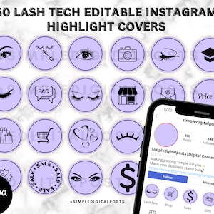 50 Lash Tech Instagram Highlight Covers: Editable Icons (Digital)