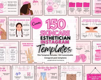 Esthetician Instagram Post Templates: Editable Skincare Social Media Content (Canva, 150 Posts)