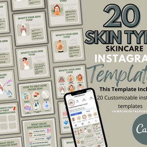 20 SKIN TYPE Templates | Skincare Instagram Posts | Beauty Instagram Posts | Esthetician Instagram Templates | Skin Type Posts | Skincare