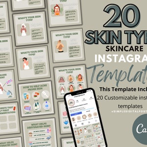 May include: Twenty customizable Instagram templates for skincare, featuring illustrations of different skin types and skincare tips. The text "20 Skin Type Skincare Instagram Templates" is displayed in large, bold font. The text "This Template Includes: 20 Customizable Instagram Templates" is displayed in smaller font. The Canva logo is displayed in the bottom right corner.