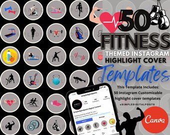 50 Fitness Instagram Highlight Covers: Gym Icons (Canva Editable)