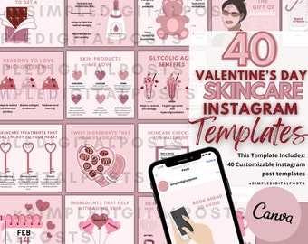 Może przedstawiać: Kolaż 40 różowych i czerwonych szablonów postów na Instagramie z motywem Walentynek do pielęgnacji skóry. Szablony zawierają serca, babeczki, klucze i inne romantyczne obrazy. Tekst "40 szablonów postów na Instagramie do pielęgnacji skóry na Walentynki" jest wyświetlany dużymi, pogrubionymi literami.