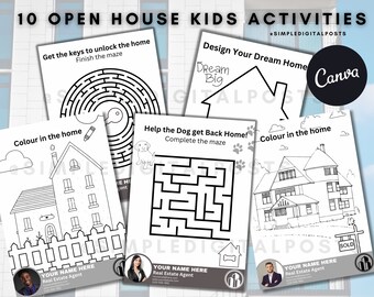 Puede incluir: Hojas de actividades imprimibles en blanco y negro para niños con laberintos con temática de casas, páginas para colorear y una actividad de diseño de tu casa de ensueño. Las hojas incluyen el texto "10 Open House Kids Activities" y "Simple Digital Posts".