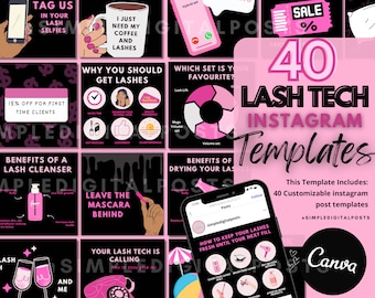 Lash Tech Instagram Posts: 40 Editable Templates (Canva)