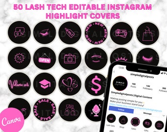 Lash Tech Instagram Highlight Covers: 50 Editable Icons (Canva)