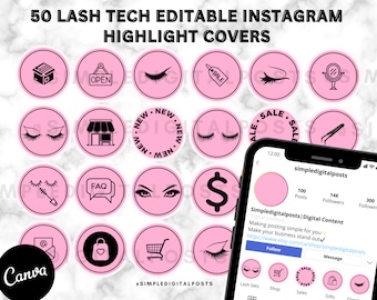 Copertine in evidenza di Lash Tech Instagram: icone modificabili rosa (digitali)
