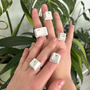 May include: Five keyboard key rings, each with a different key label: Ctrl, C, D, F3, and Prt Scr Sys Rq. The rings are white with black lettering and are set on silver bands. The background includes green leafy plants.