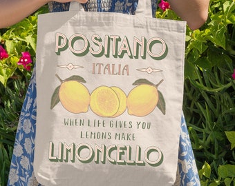 Positano Italy Limoncello Cotton Canvas Tote Bag, Amalfi Coast Trip Beach Tote, Italian Honeymoon Travel Gift, Destination Wedding Gift Bag