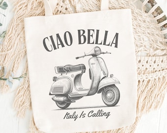 Ciao Bella Italy Is Calling Scooter 15&quot;x16&quot; Canvas Tote, Italian Beach Grocery Market Gift Bag, Italy Lover Vacation Travel Destination Bag