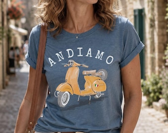 Andiamo Italy Yellow Scooter Shirt Retro Italian Tshirt Vacation Souvenir T-shirt Love Italy Gift Italian Saying Tee Cute Italy Flag Outfit