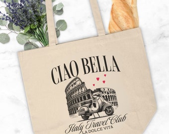 Canvas draagtas Ciao Bella Italië, Italiaanse cadeautas, trouwbedankje Italië, leuke reisstrandtas Italië minnaar, Italiaanse vakantiesouvenir herbruikbaar