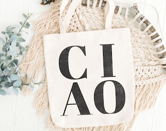 Ciao Italië minnaar canvas draagtas, Italiaanse reiscadeautas, Italië minnaar feestgunst, Italiaanse BOHO-portemonnee, strandvakantie, supermarkt 15" x 16"