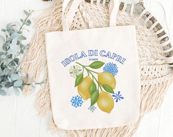Capri Italy Lemons Canvas Tote Bag, Isola Di Capri Italia Wedding Gift Bag, Italy Lover Gift, Italian Inspired Farmer&#39;s Market Grocery Tote