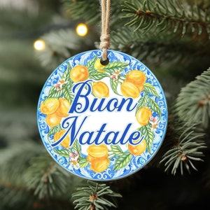 Amalfi Buon Natale Italian Christmas Ornament, Blue Tile & Lemons Italy Lover Gift, Cute Italian Xmas Tree, Positano Italy Themed Home Decor