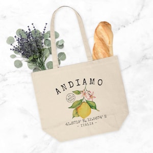 Andiamo Italy Coordinates Canvas Tote, Lemon Italian Gift Bag, Italian Vacay Travel Souvenir Purse, Italy Theme Grocery Market Reusable Tote