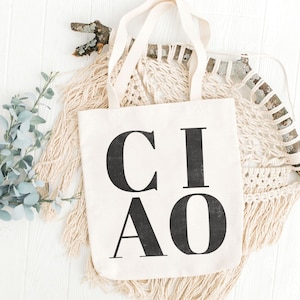 Ciao Italy Lover Canvas Tote, Italian Travel Gift Bag, Italy Lover Party Favor, Italian BOHO Purse, Beach Vacation, Grocery Market 15&quot;x16&quot;