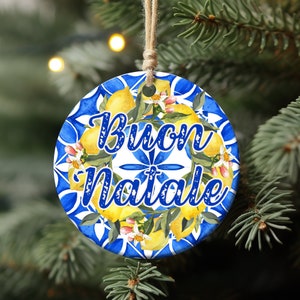 Amalfi Buon Natale Italian Christmas Ornament, Blue Tile & Lemons Italy Lover Gift, Cute Italian Xmas Tree, Positano Italy Themed Home Decor