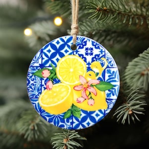 Amalfi Coast Italy Christmas Ornament, Azulejo Blue Tile and Lemon Holiday Ornament, Positano Italian Themed Gift, Mediterranean Home Decor