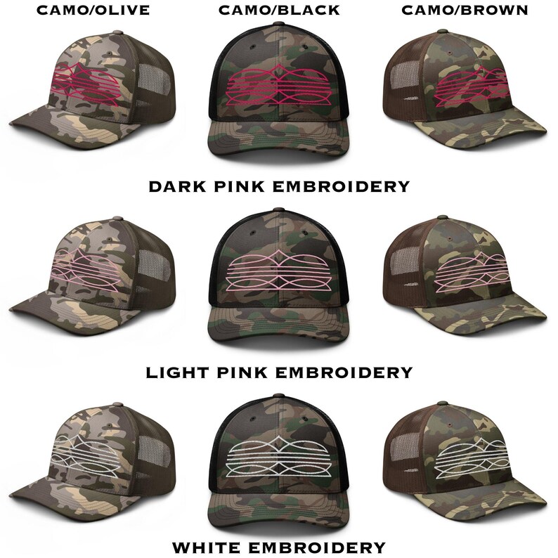 May include: A collection of camouflage baseball caps with mesh backs. The caps feature embroidered designs in various colors, including pink and white, and are available in camo/olive, camo/black, and camo/brown.