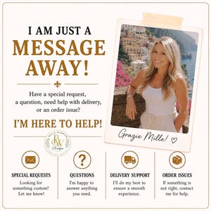 Puede incluir: Un gr&aacute;fico de atenci&oacute;n al cliente con el texto I AM JUST A MESSAGE AWAY! e I'M HERE TO HELP! junto a una foto de una persona con camiseta blanca. Incluye iconos para solicitudes especiales, preguntas, env&iacute;os y problemas de pedidos.