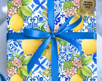 Luxury Lemon Italian Gift Wrap- Amalfi Coast Wrapping Paper, Blue & White Tile Mediterranean Citrus Design for Wedding, Birthday, or Showers